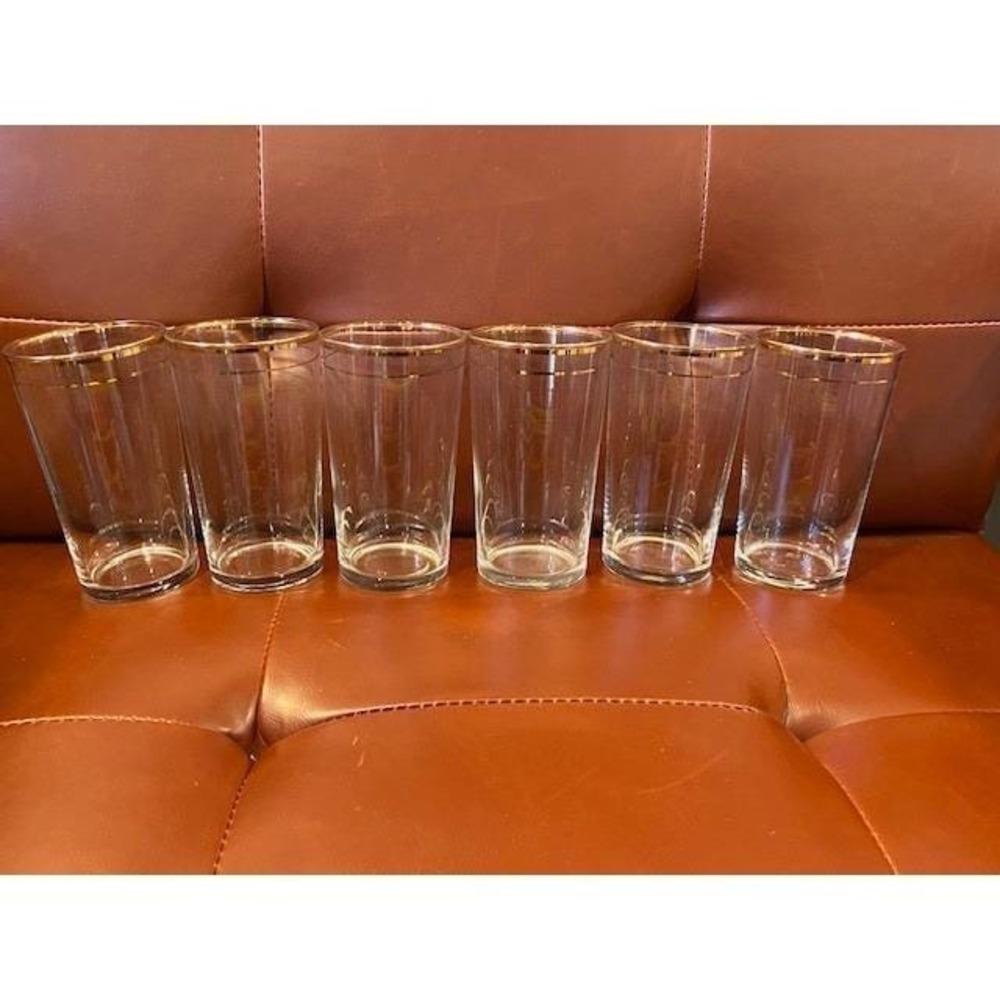 Libbey Gold Rim Clear Glass Tumblers Set of 6 Vintage Mid Century Highball 5.5in